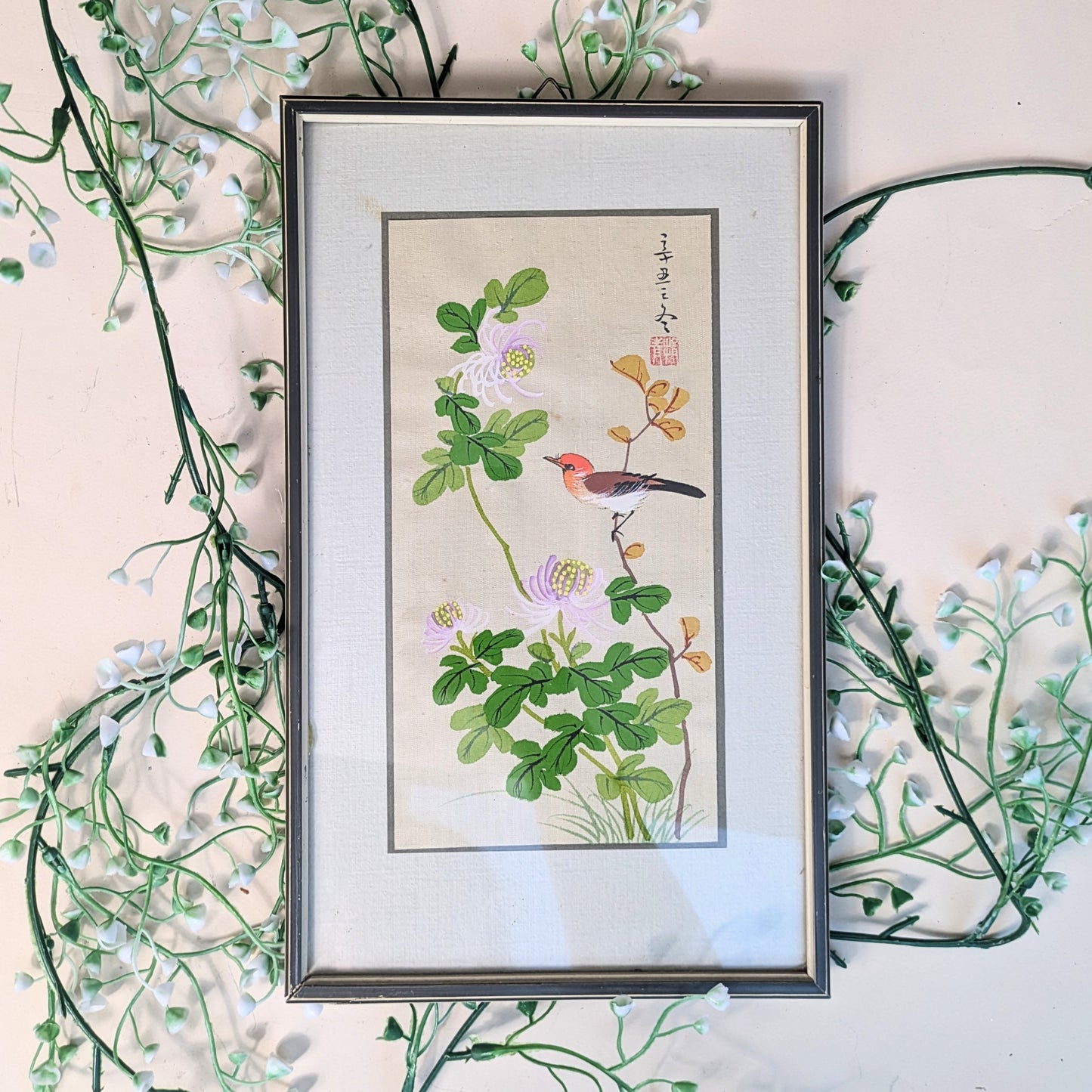 Asian painting bird with chrysanthemums