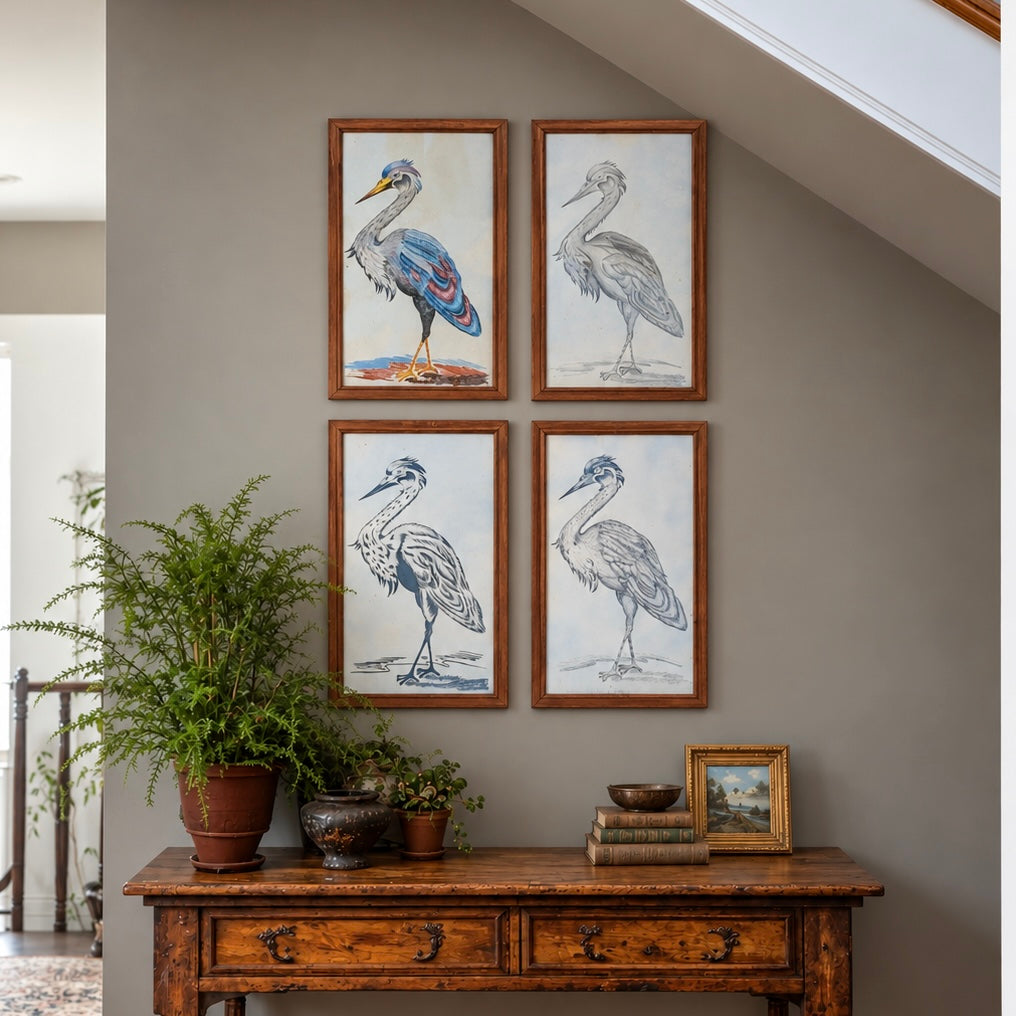 Set of crane illustrations hand-painted