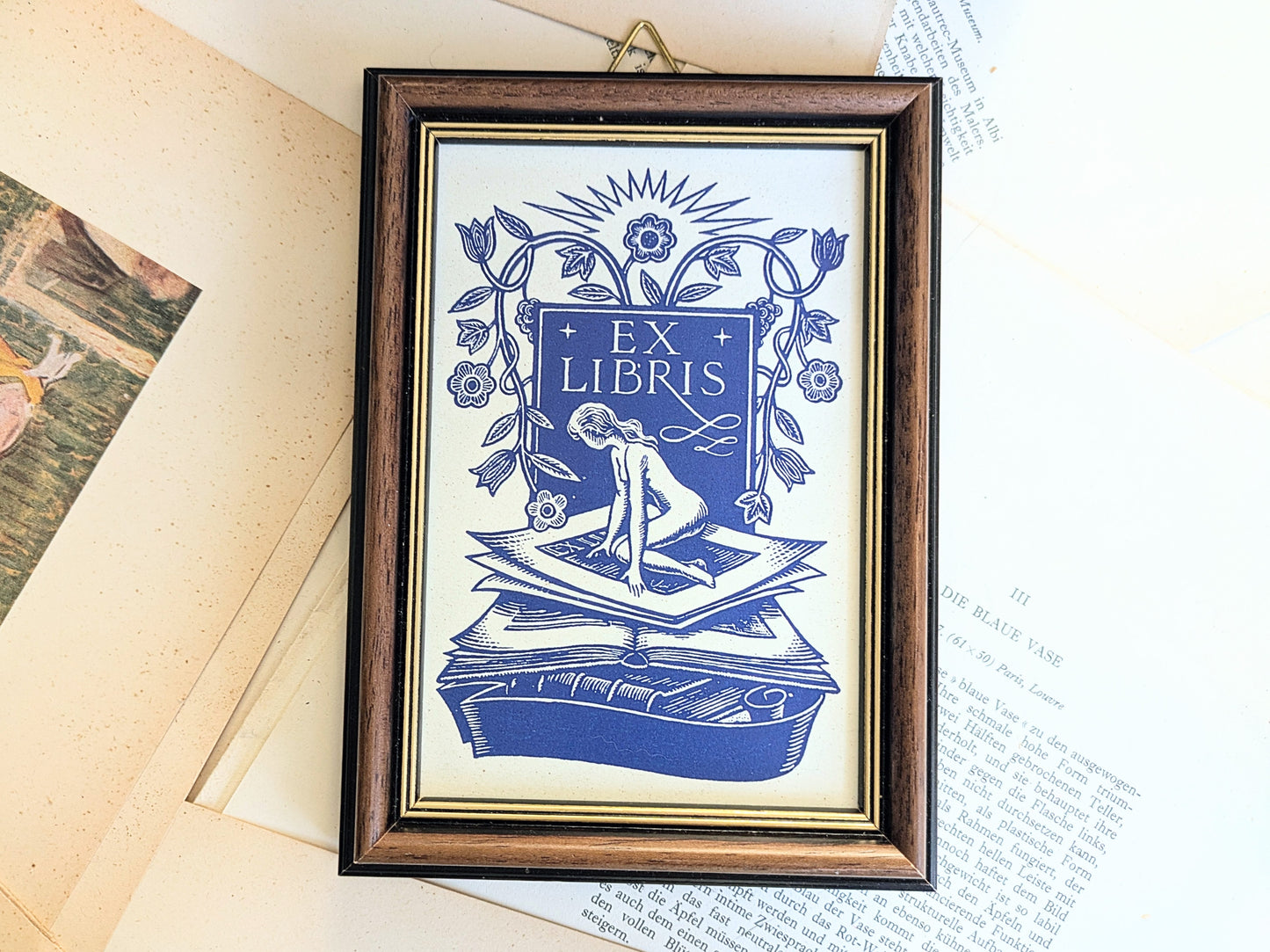 Framed bibliophile Ex Libris print in blue