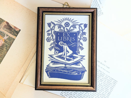 Framed bibliophile Ex Libris print in blue