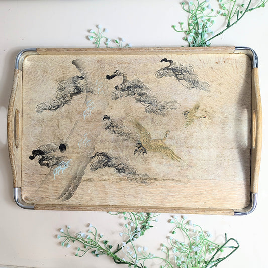 Wooden tray with cranes